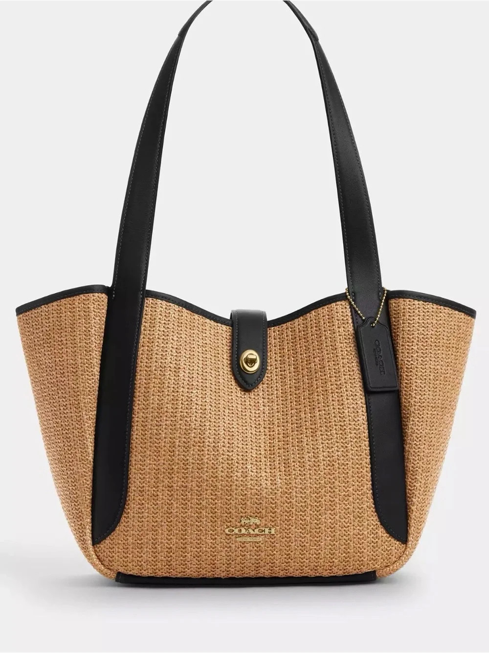 COACH Hadley Turn Lock Tote Bag Toast / Black Straw Smooth Leather
